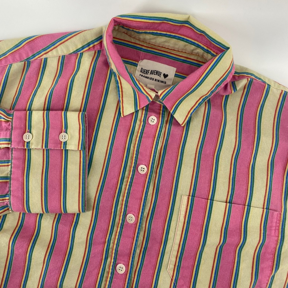 Djerf Avenue Frankies Bikinis Shirt Women L Pink Striped Button Down Collab